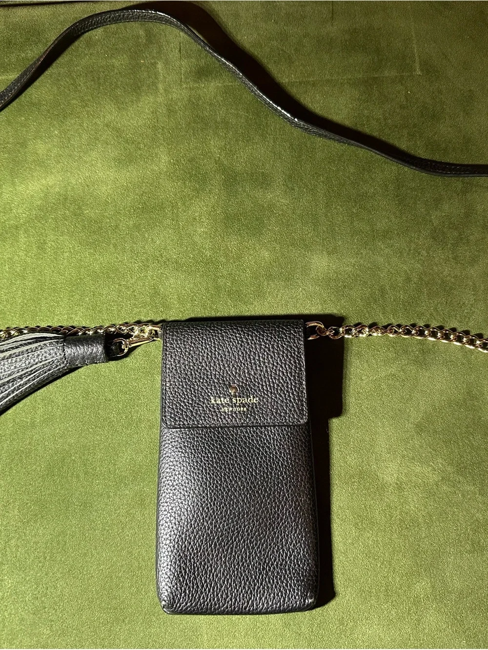 kate spade Black Pebbled Leather Crossbody Phone Pouch with Tassel